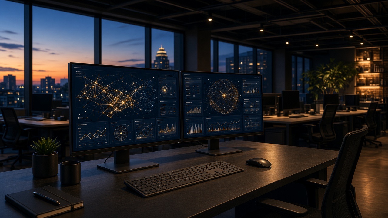 Modern Texas software office with AI dashboards on large monitors at dusk