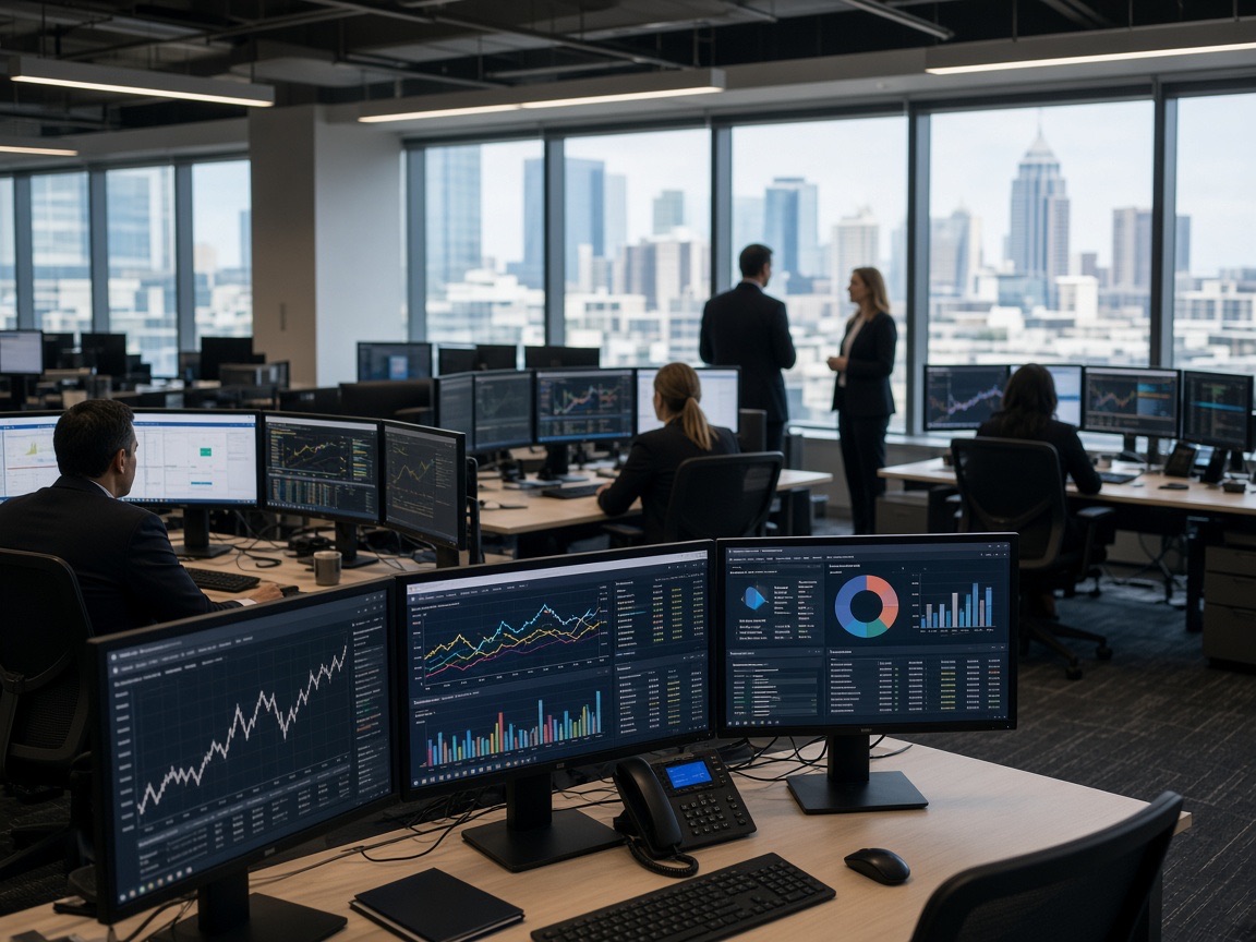 Finance and operations floor with analytics screens in a Texas office